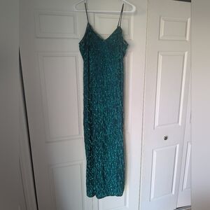 Vintage Sequin 100% Silk Elegant Green Sleeveless Dress